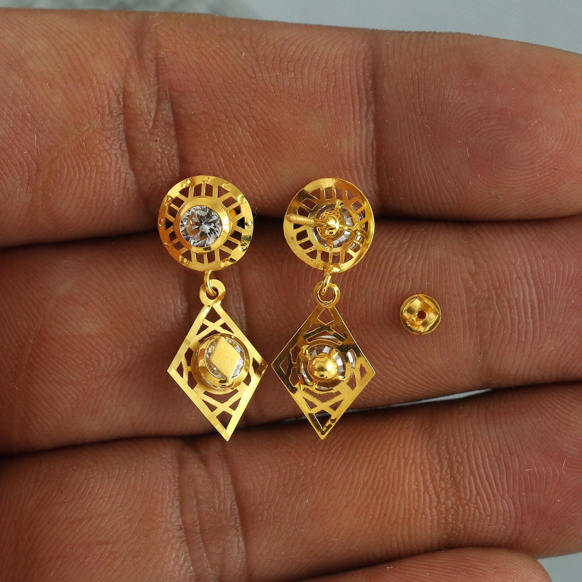 Elegant 18k Gold Dangle Earrings with CZ Stones, Light Weight Dainty Earrings Handmade Indian Jewelry, MJ0124