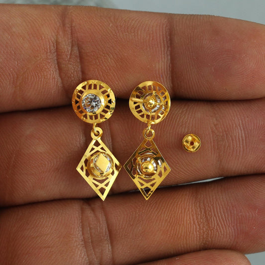Elegant 18k Gold Dangle Earrings with CZ Stones, Light Weight Dainty Earrings Handmade Indian Jewelry, MJ0124