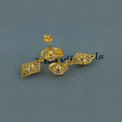 Elegant 18k Gold Dangle Earrings with CZ Stones, Light Weight Dainty Earrings Handmade Indian Jewelry, MJ0124