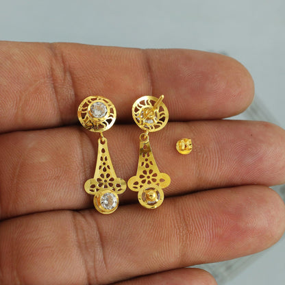 Solid 18k Gold Dangle Earrings with CZ Stones, Light Weight Dainty Earrings Handmade Indian Jewelry, MJ0125