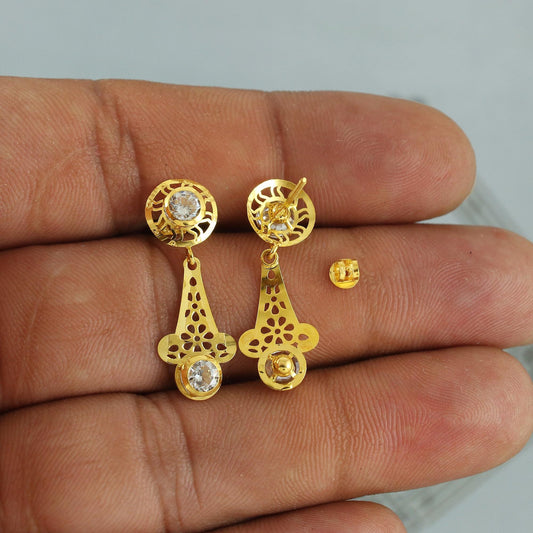 Solid 18k Gold Dangle Earrings with CZ Stones, Light Weight Dainty Earrings Handmade Indian Jewelry, MJ0125