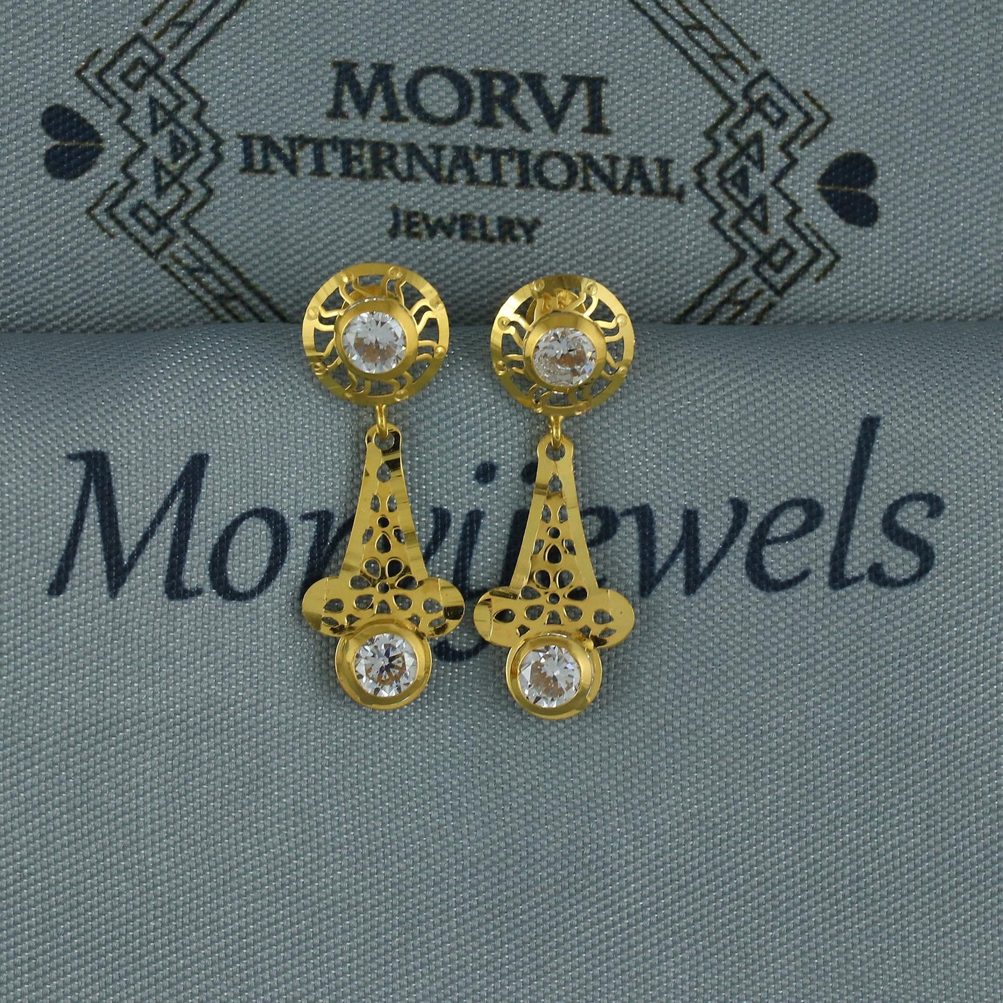 Solid 18k Gold Dangle Earrings with CZ Stones, Light Weight Dainty Earrings Handmade Indian Jewelry, MJ0125