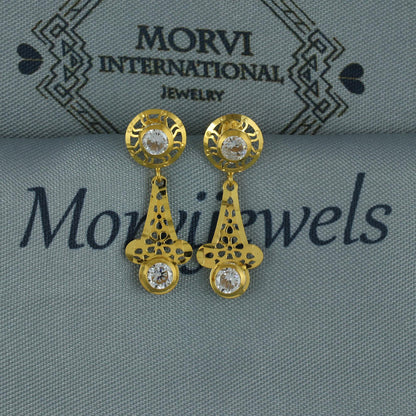 Solid 18k Gold Dangle Earrings with CZ Stones, Light Weight Dainty Earrings Handmade Indian Jewelry, MJ0125