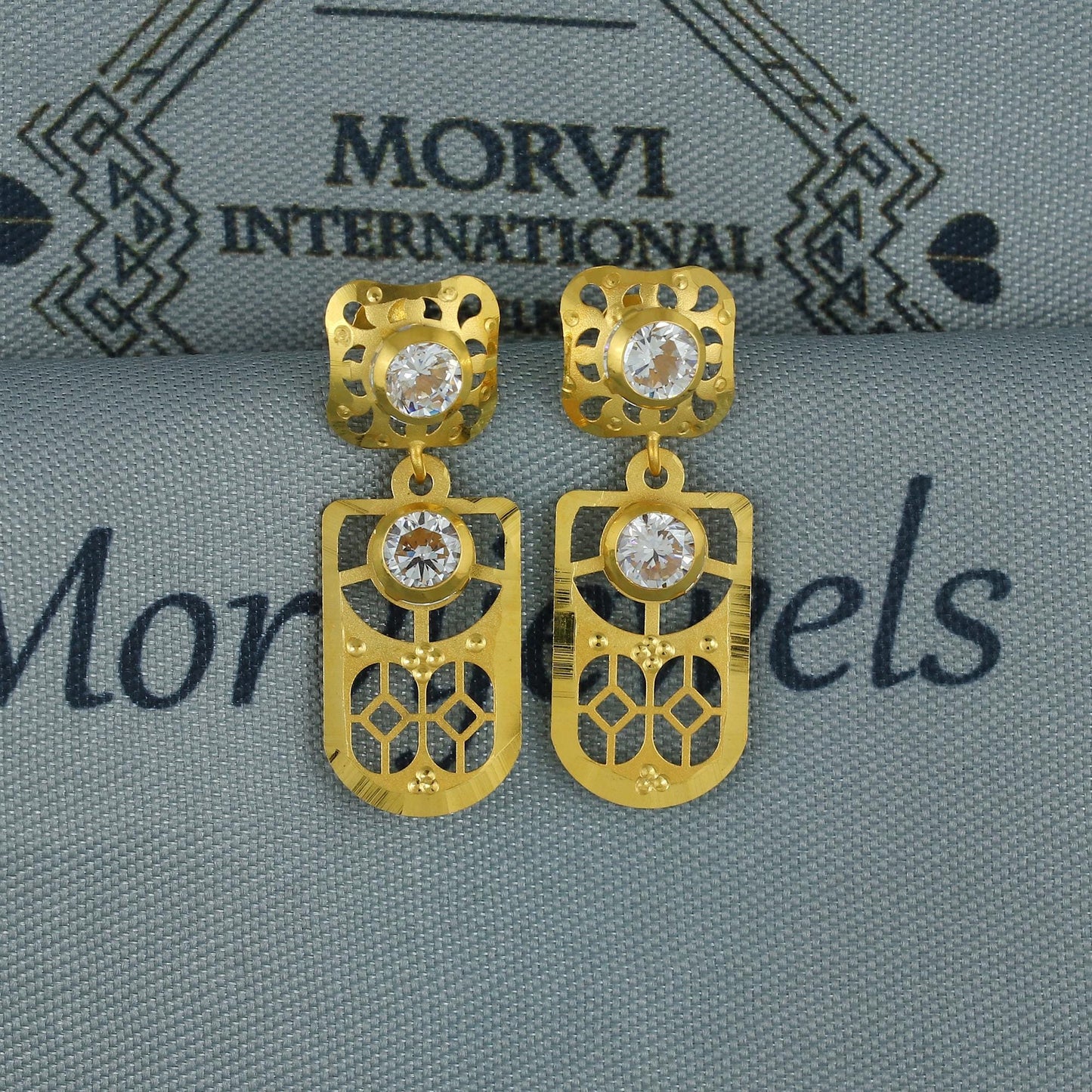 18k Gold Dangle Earrings with CZ Stones, Light Weight Dainty Earrings Handmade Indian Jewelry, MJ0128