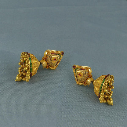 22k Yellow Gold jhumka Earrings , wedding, bridal, hanging small beads indian ethnic gold earrings jewelry, K5970