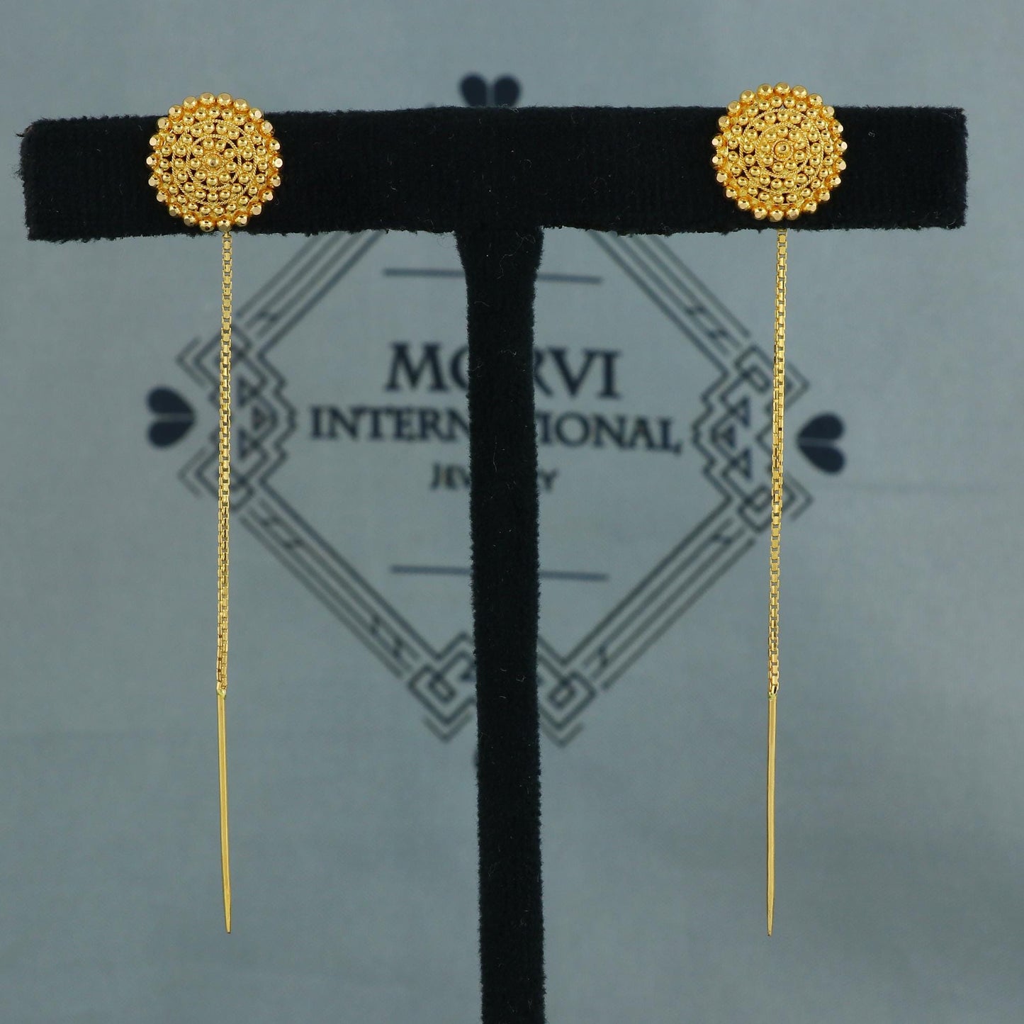 22k Yellow Gold stud earrings pierced gold Earrings , round , Handmade Yellow chain earrings for women, gold tops earrings