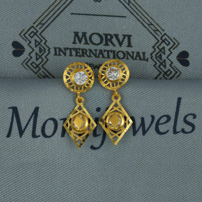 Elegant 18k Gold Dangle Earrings with CZ Stones, Light Weight Dainty Earrings Handmade Indian Jewelry, MJ0124
