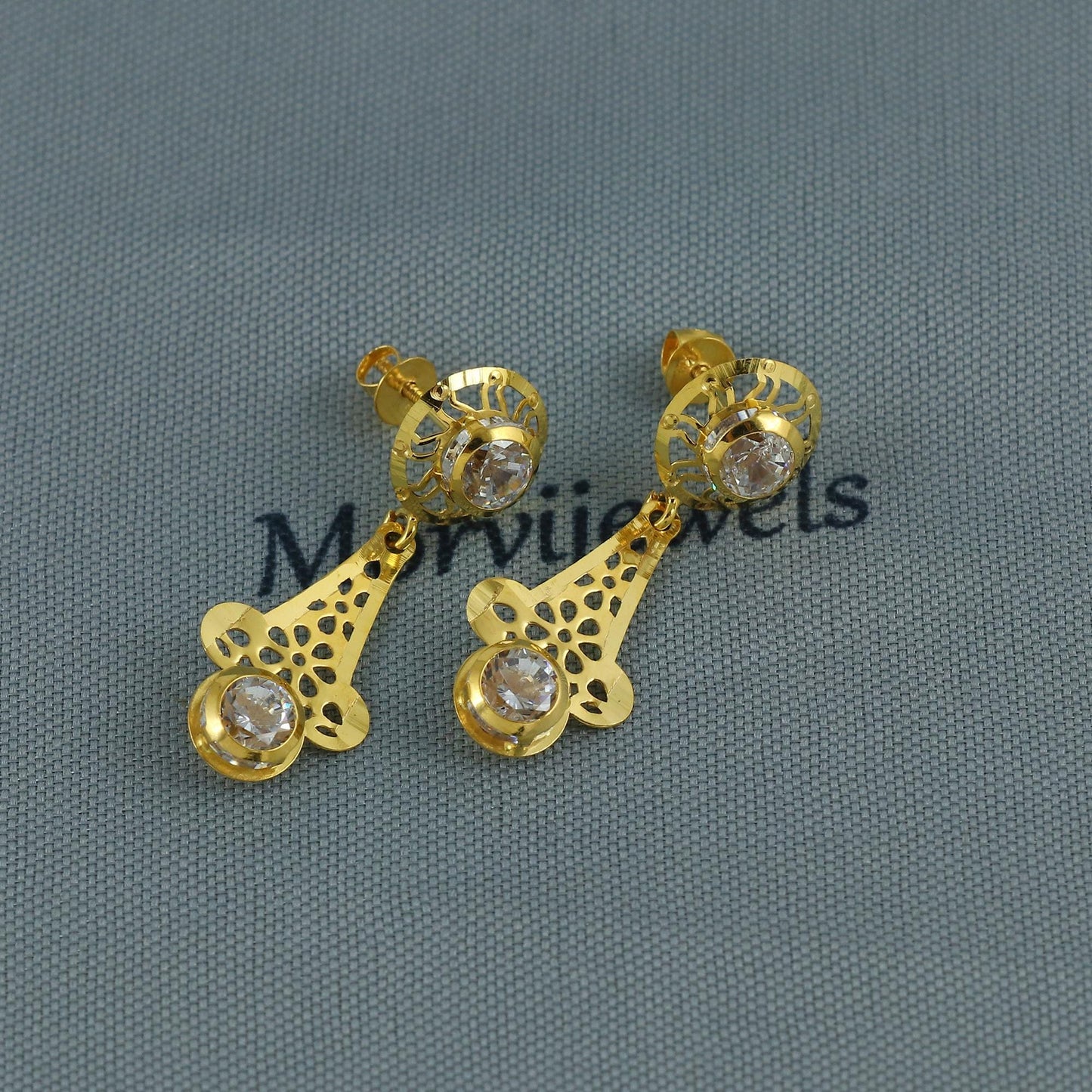 Solid 18k Gold Dangle Earrings with CZ Stones, Light Weight Dainty Earrings Handmade Indian Jewelry, MJ0125