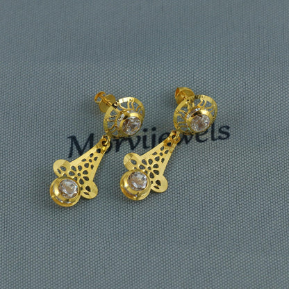 Solid 18k Gold Dangle Earrings with CZ Stones, Light Weight Dainty Earrings Handmade Indian Jewelry, MJ0125