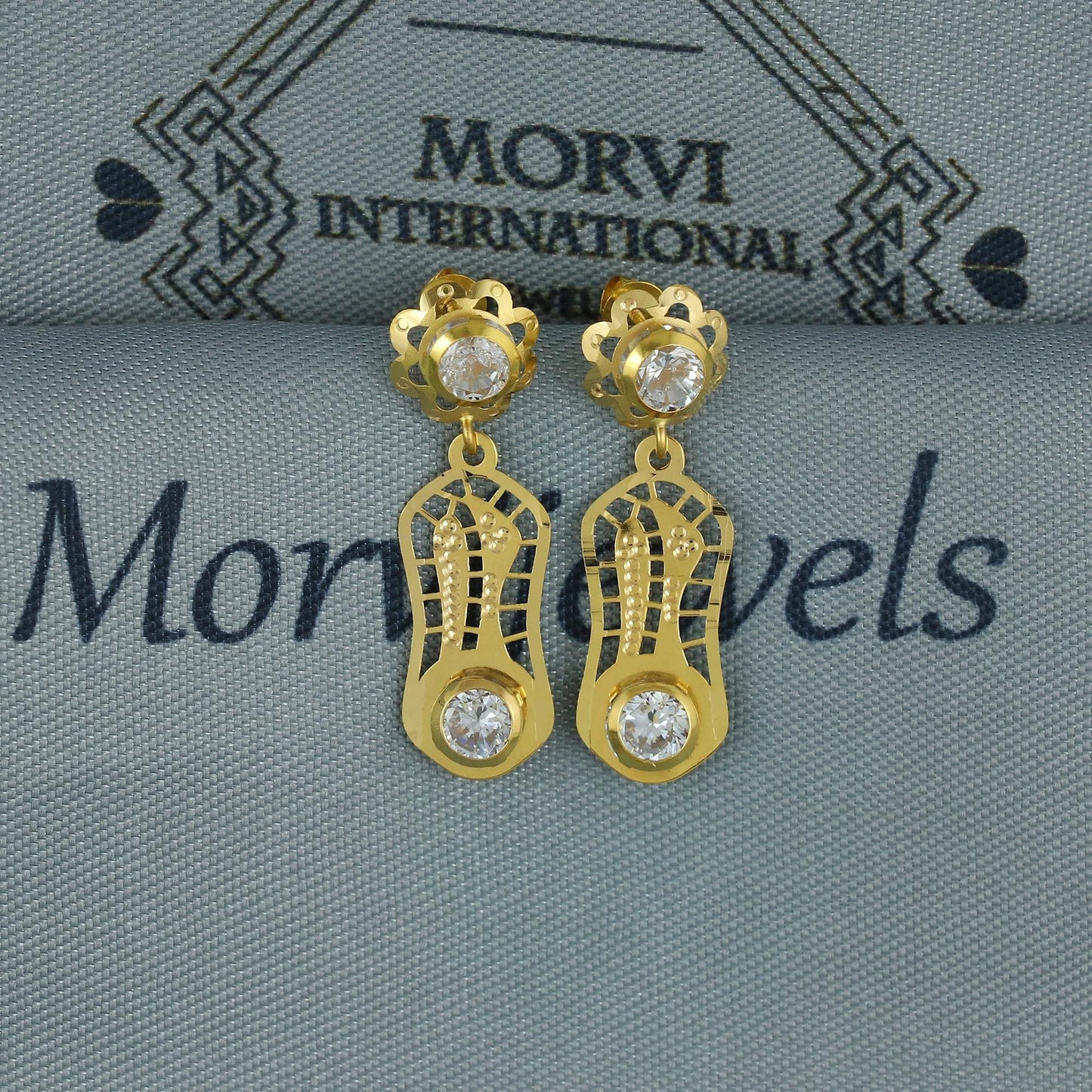 18kt 18k Gold Dangle Earrings with CZ Stones, Light Weight Dainty Earrings Handmade Indian Jewelry, MJ0126