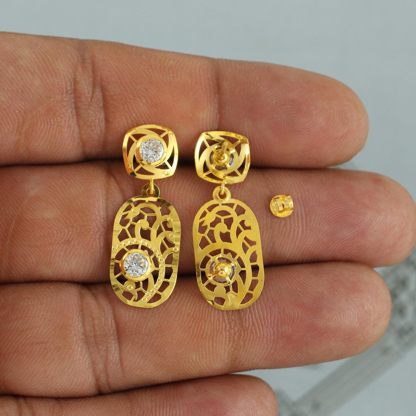 Flat 18k Gold Dangle Earrings with CZ Stones, Light Weight Dainty Earrings Handmade Indian Jewelry, MJ0127