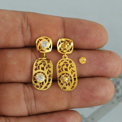 Flat 18k Gold Dangle Earrings with CZ Stones, Light Weight Dainty Earrings Handmade Indian Jewelry, MJ0127