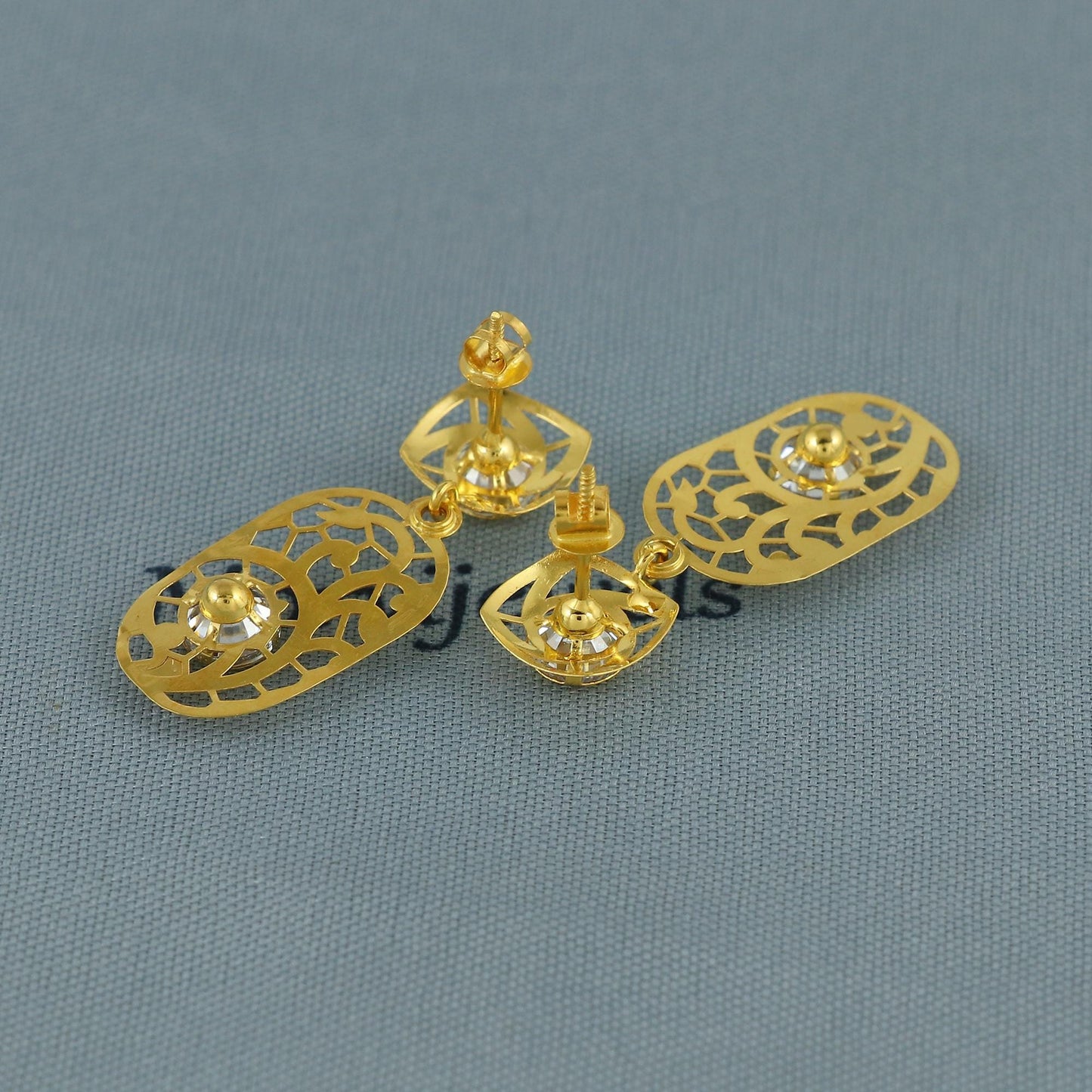 Flat 18k Gold Dangle Earrings with CZ Stones, Light Weight Dainty Earrings Handmade Indian Jewelry, MJ0127
