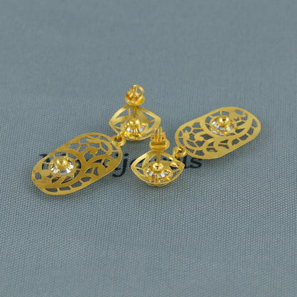 Flat 18k Gold Dangle Earrings with CZ Stones, Light Weight Dainty Earrings Handmade Indian Jewelry, MJ0127