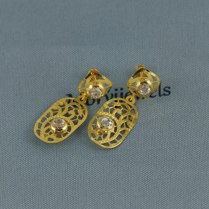 Flat 18k Gold Dangle Earrings with CZ Stones, Light Weight Dainty Earrings Handmade Indian Jewelry, MJ0127