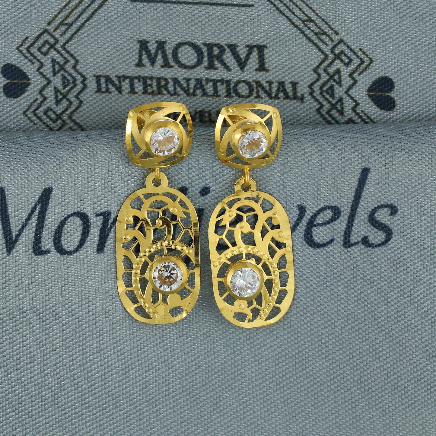 Flat 18k Gold Dangle Earrings with CZ Stones, Light Weight Dainty Earrings Handmade Indian Jewelry, MJ0127