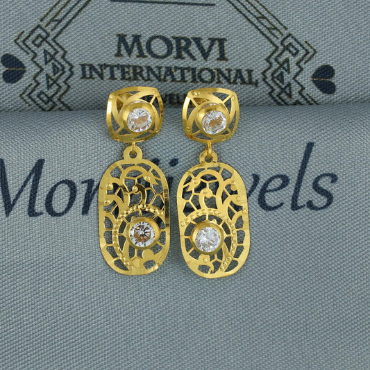 Flat 18k Gold Dangle Earrings with CZ Stones, Light Weight Dainty Earrings Handmade Indian Jewelry, MJ0127