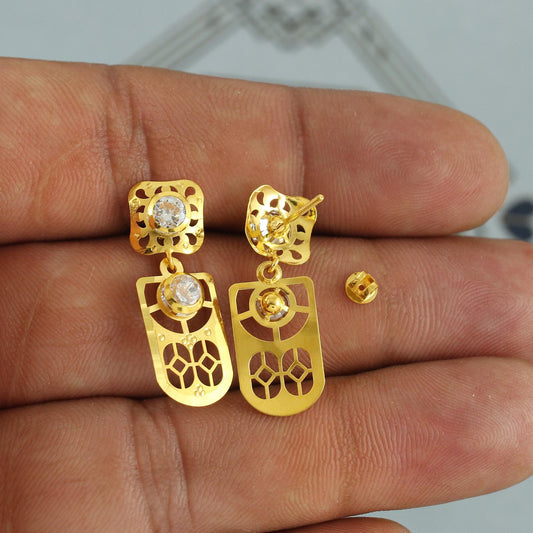 18k Gold Dangle Earrings with CZ Stones, Light Weight Dainty Earrings Handmade Indian Jewelry, MJ0128