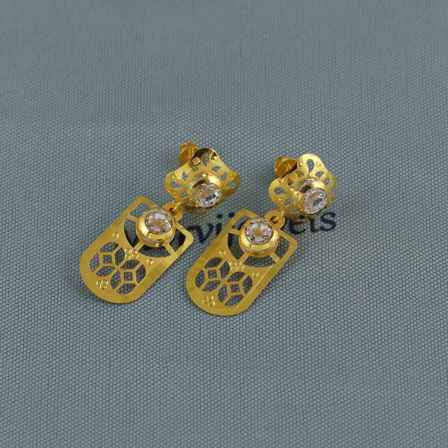 18k Gold Dangle Earrings with CZ Stones, Light Weight Dainty Earrings Handmade Indian Jewelry, MJ0128