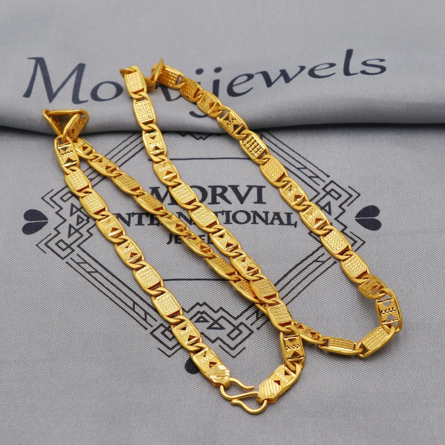 22K Gold curb link chain with panel overlays , Yellow Gold Capped Chain, Nawabi Flat Indian Necklace, unisex chain Necklace Jewelry, K6033