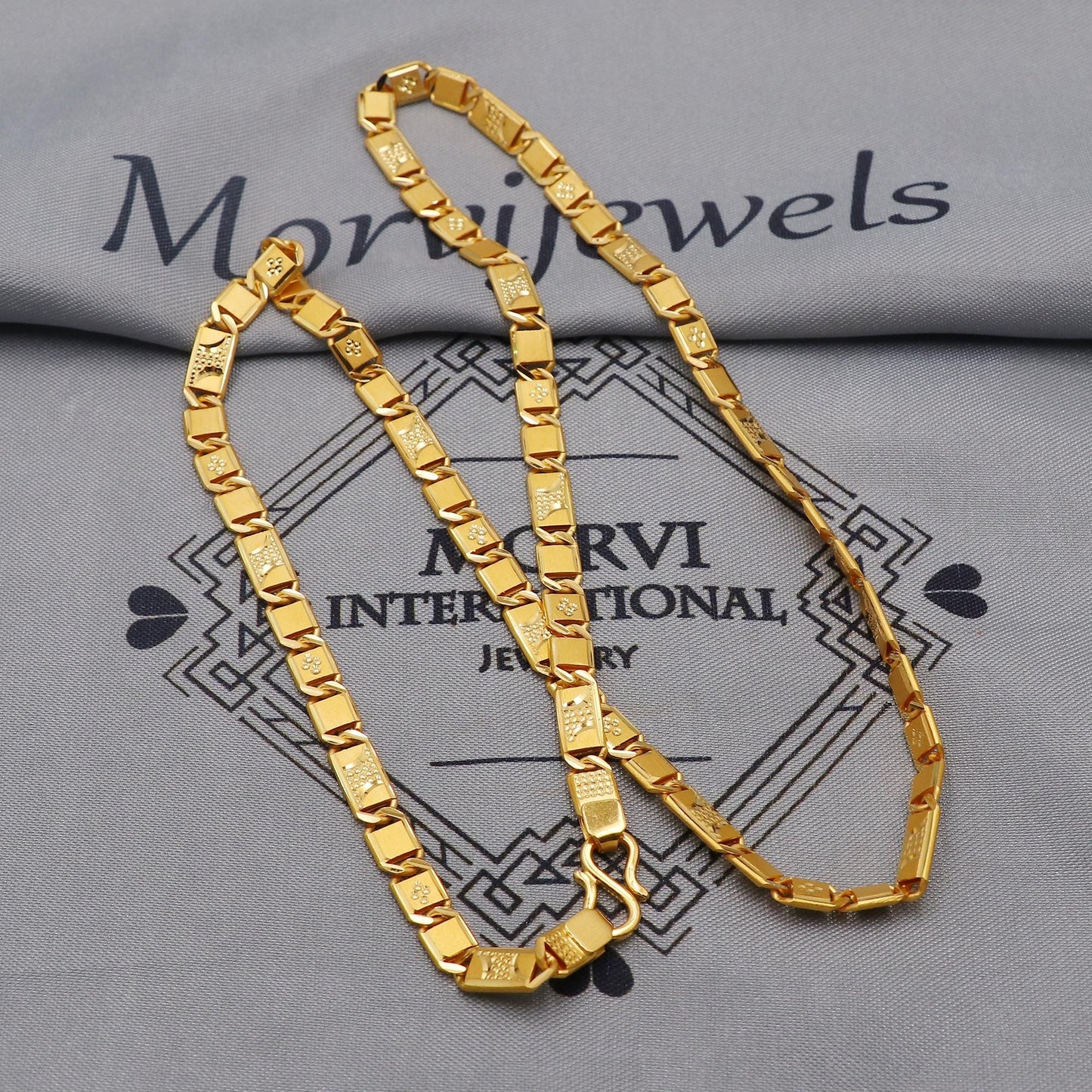 22K Gold curb link chain with panel overlays , Yellow Gold Capped Chain, Nawabi Flat Indian Necklace, unisex chain Necklace Jewelry, K6038