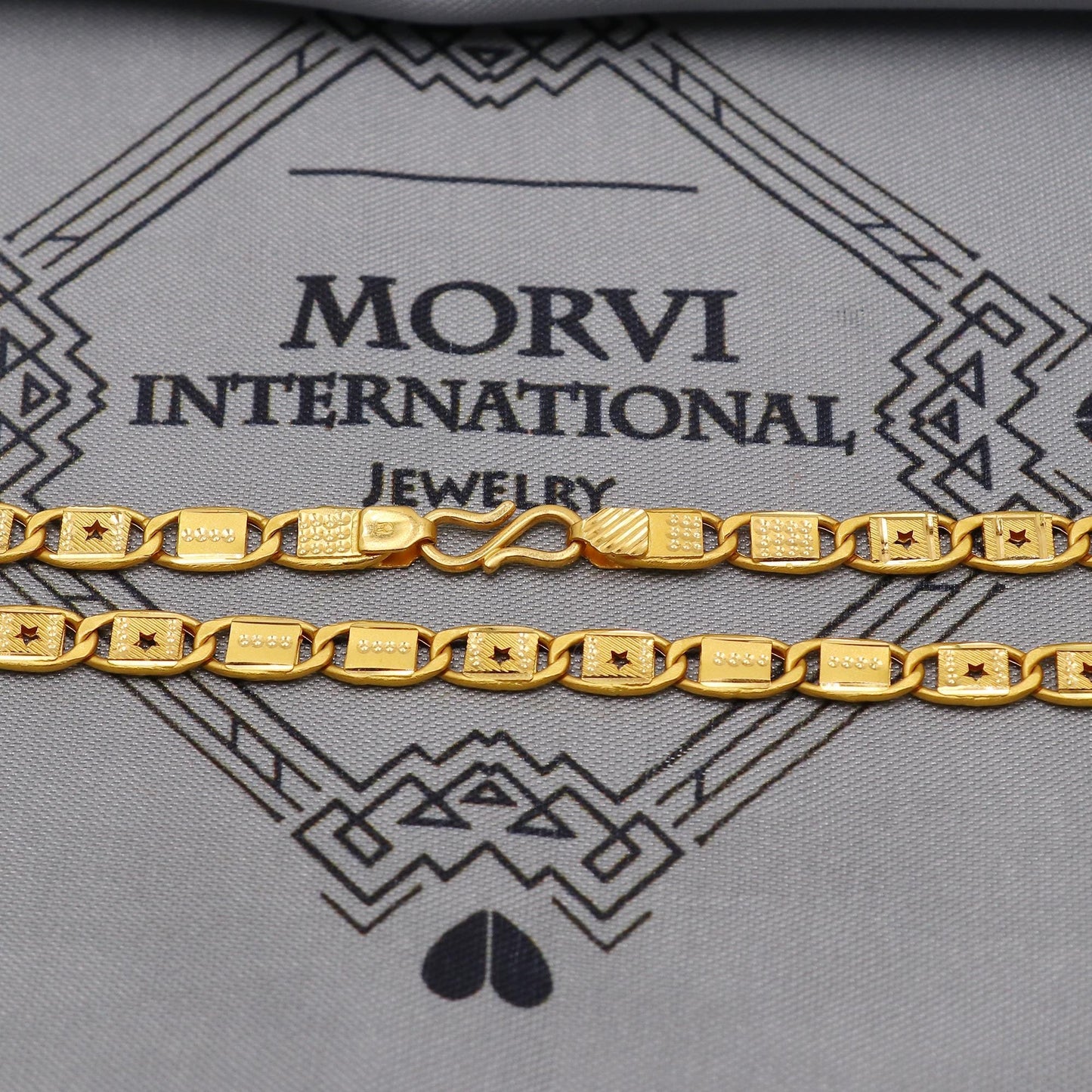 22K Gold curb link chain with star panel overlays , Yellow Gold Capped Chain, Nawabi Flat Indian Necklace, real gold chain Necklace, K6043