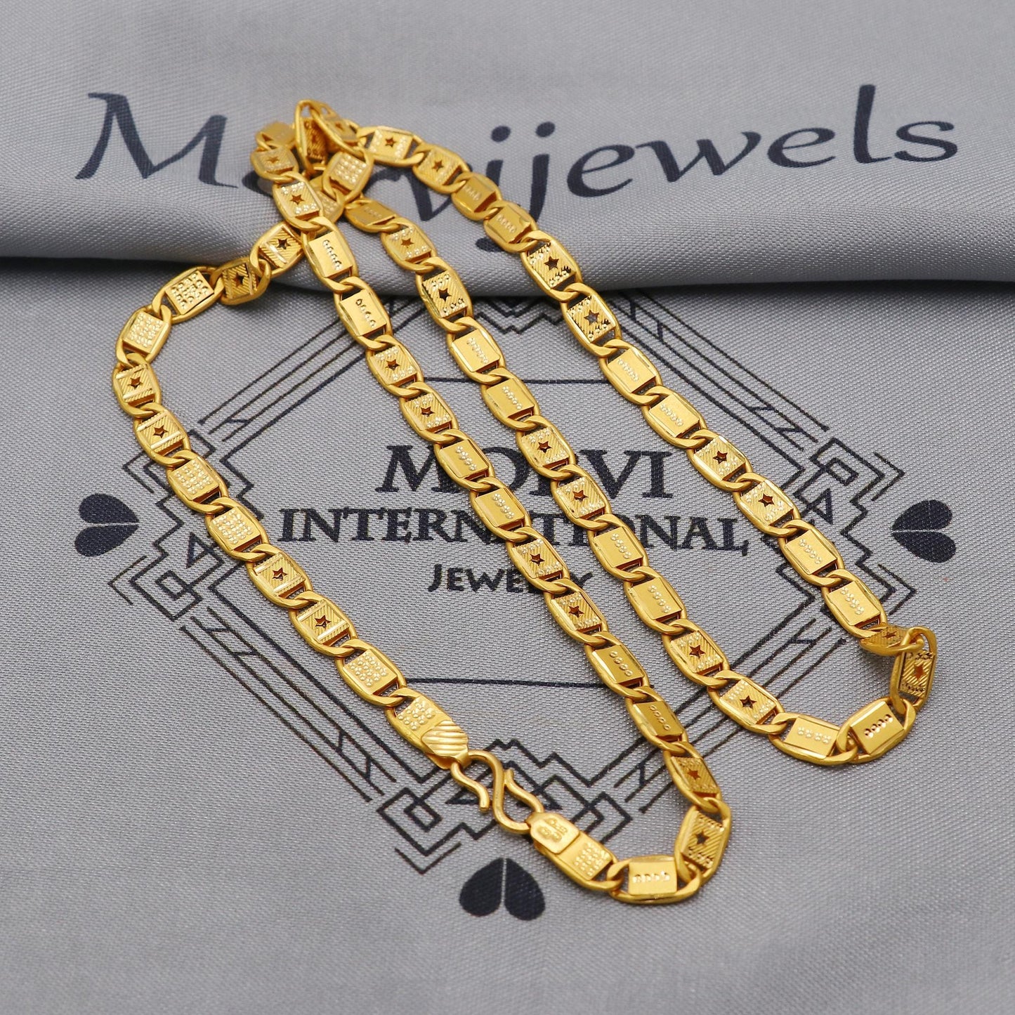 22K Gold curb link chain with star panel overlays , Yellow Gold Capped Chain, Nawabi Flat Indian Necklace, real gold chain Necklace, K6043