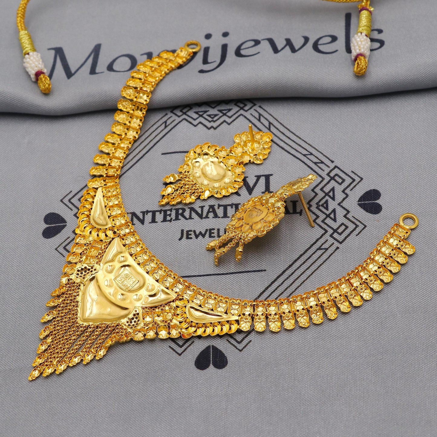 22k Yellow Gold Earrings Necklace set Gift, vintage 22k karat 22kt 22ct Indian Gold Handmade wedding necklace indian Jewelry for gift, K6050