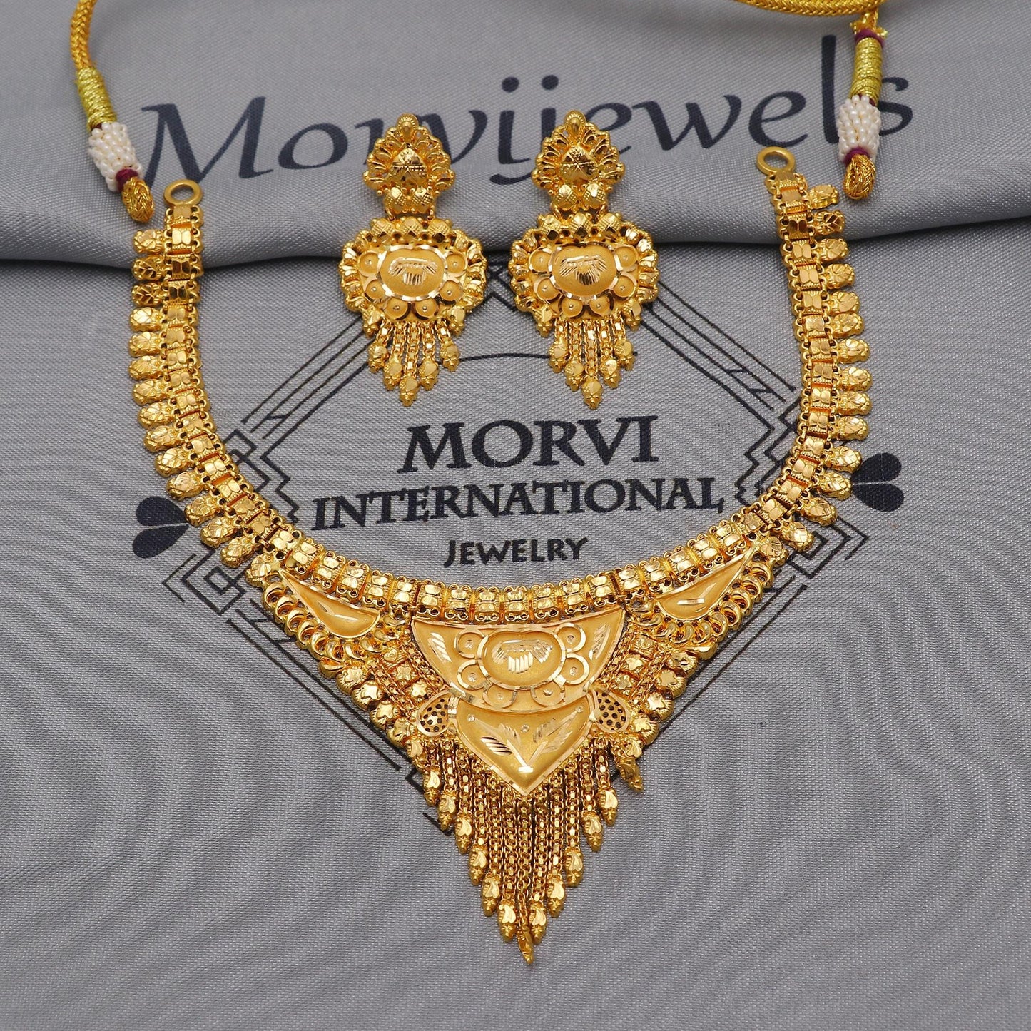 22k Yellow Gold Earrings Necklace set Gift, vintage 22k karat 22kt 22ct Indian Gold Handmade wedding necklace indian Jewelry for gift, K6050