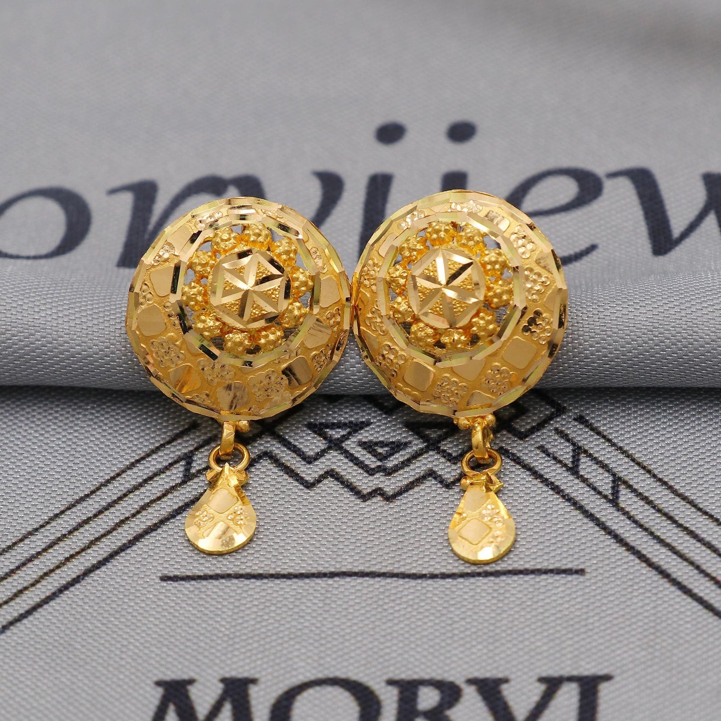 22k Yellow Gold Earrings Necklace set Gift, vintage 22k karat 22kt 22ct Indian Gold Handmade wedding necklace indian Jewelry for gift, K6051