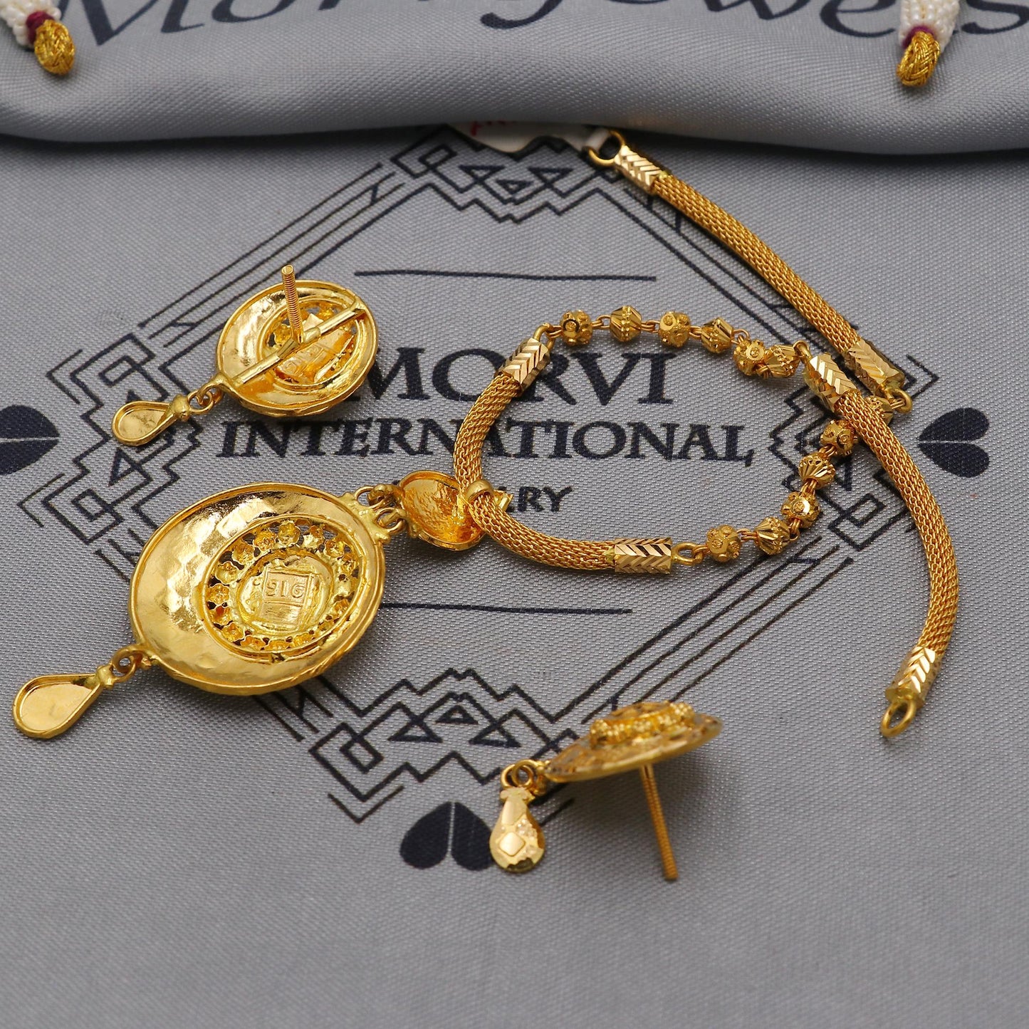 22k Yellow Gold Earrings Necklace set Gift, vintage 22k karat 22kt 22ct Indian Gold Handmade wedding necklace indian Jewelry for gift, K6051