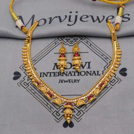 22k Yellow Gold Earrings Necklace set Gift, vintage 22k karat 22kt 22ct Indian Gold Handmade wedding necklace indian Jewelry for gift, K6052