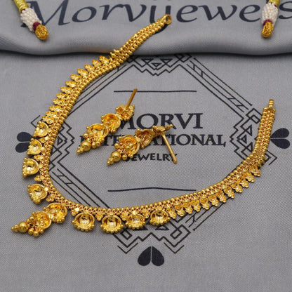 22k Yellow Gold Earrings Necklace set Gift, vintage 22k karat 22kt 22ct Indian Gold Handmade wedding necklace indian Jewelry for gift, K6052