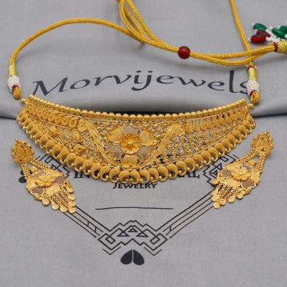 22k Yellow Gold Necklace Earrings set Gift, vintage 22k karat 22kt 22ct Indian Gold Handmade wedding necklace indian Jewelry for gift, K6053