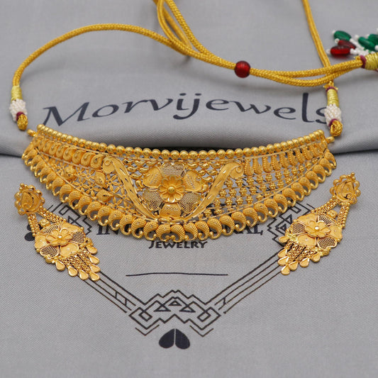 22k Yellow Gold Necklace Earrings set Gift, vintage 22k karat 22kt 22ct Indian Gold Handmade wedding necklace indian Jewelry for gift, K6053