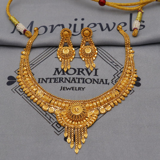 22k Yellow Gold Necklace Earrings set Gift, vintage 22k karat 22kt 22ct Indian Gold Handmade wedding necklace indian Jewelry for gift, K6054