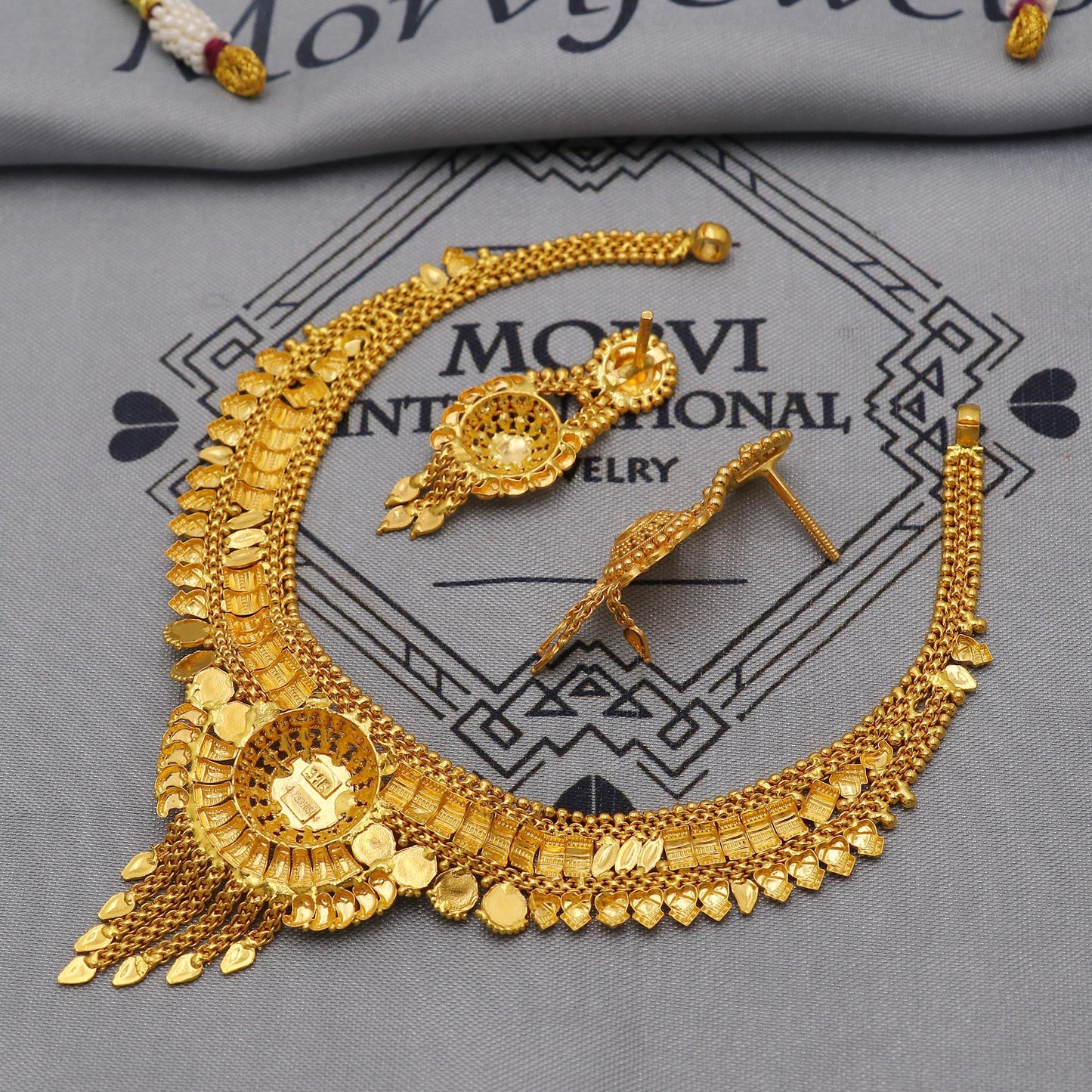 22k Yellow Gold Necklace Earrings set Gift, vintage 22k karat 22kt 22ct Indian Gold Handmade wedding necklace indian Jewelry for gift, K6054