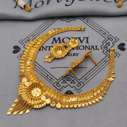 22k Yellow Gold Necklace Earrings set Gift, vintage 22k karat 22kt 22ct Indian Gold Handmade wedding necklace indian Jewelry for gift, K6054