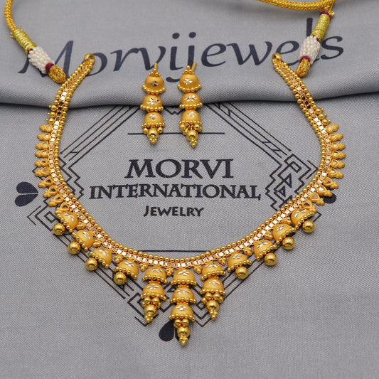22k Yellow Gold Necklace Earrings set Gift, vintage 22k karat 22kt 22ct Indian Gold Handmade wedding necklace indian Jewelry for gift, K6055