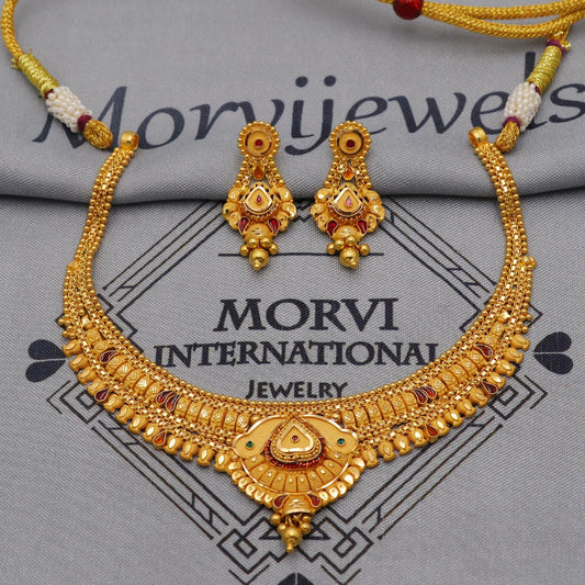 22k Yellow Gold Necklace Earrings set Gift, vintage 22k karat 22kt 22ct Indian Gold Handmade wedding necklace indian Jewelry for gift, K6056