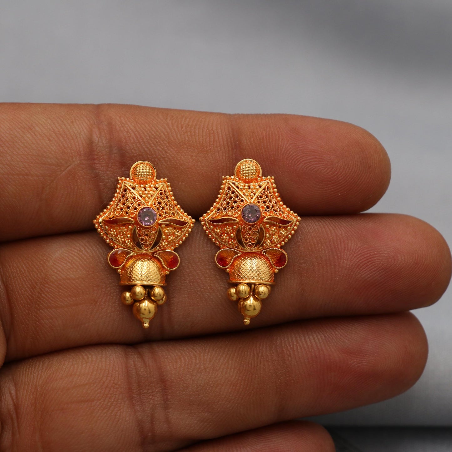 22k Yellow Gold Dangle Earrings Indian Jewelry with beads , Vintage Tribal Traditional handmade jewelry  Made In India, K6089A