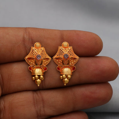 22k Yellow Gold Dangle Earrings Indian Jewelry with beads , Vintage Tribal Traditional handmade jewelry  Made In India, K6089A
