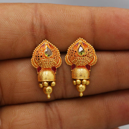 22k Yellow Gold Dangle Earrings Indian Jewelry with beads , Vintage Tribal Traditional handmade jewelry  Made In India, K6090A