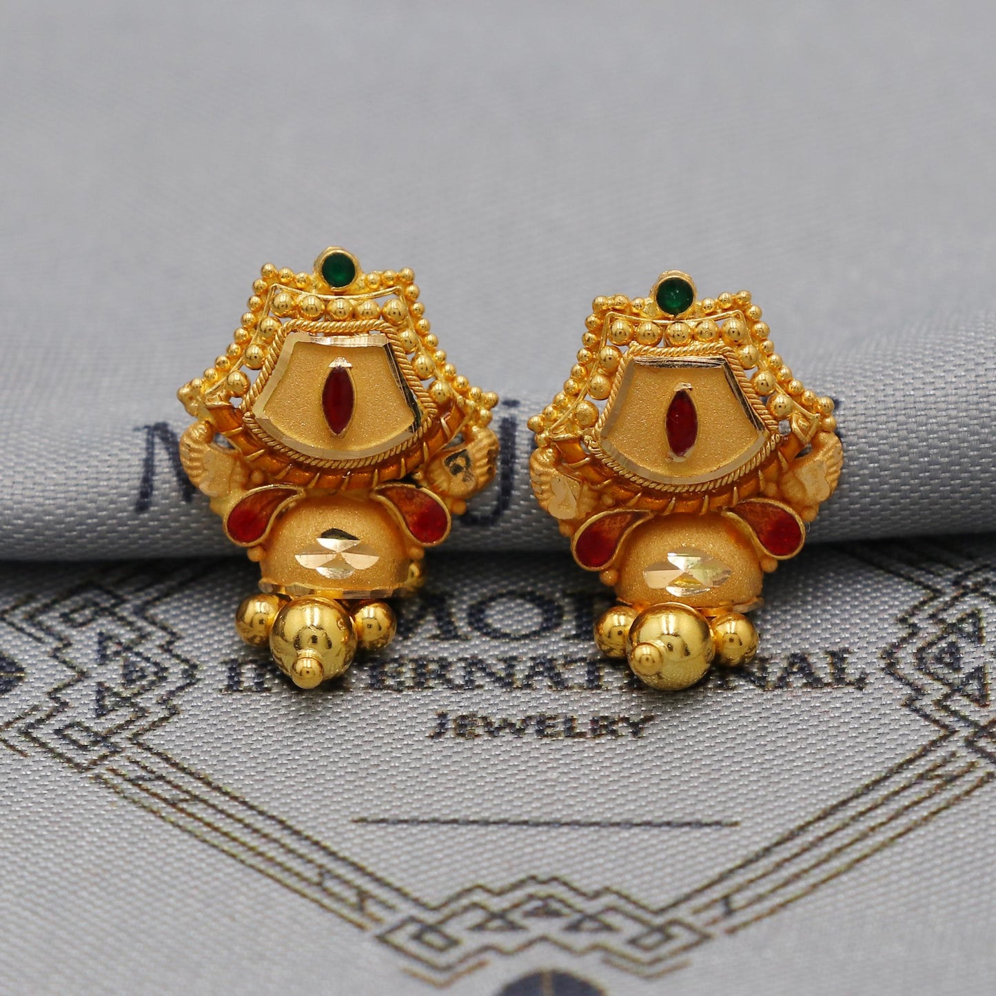 22k Yellow Gold Dangle Stud Tops Earrings Indian Jewelry with beads , Vintage Tribal Traditional handmade jewelry  Made In India, K6092A