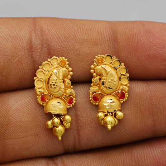 22k Yellow Gold Dangle Stud Tops Earrings Indian Jewelry with beads , Vintage Tribal Traditional handmade jewelry  Made In India, K6094