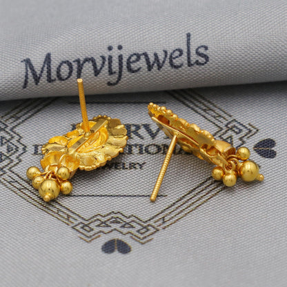 22k Yellow Gold Dangle Stud Tops Earrings Indian Jewelry with beads , Vintage Tribal Traditional handmade jewelry  Made In India, K6094