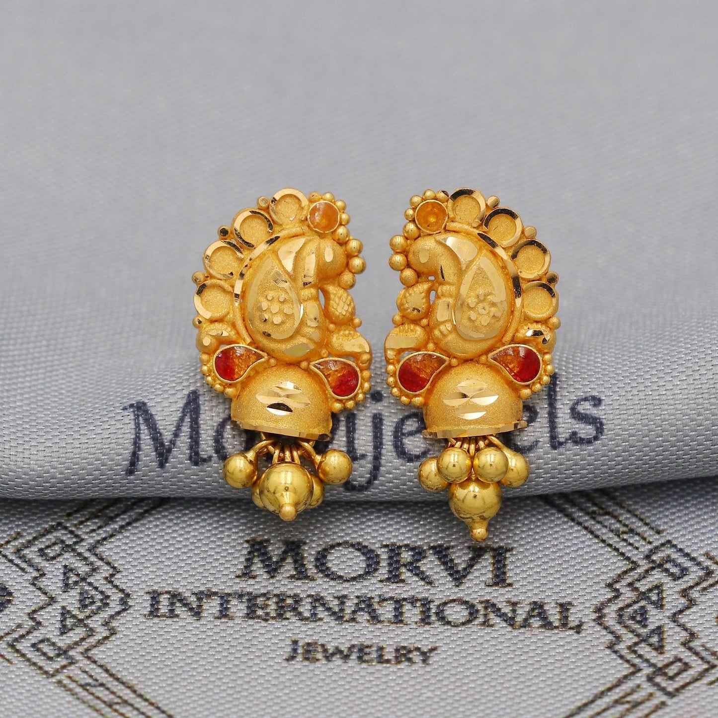 22k Yellow Gold Dangle Stud Tops Earrings Indian Jewelry with beads , Vintage Tribal Traditional handmade jewelry  Made In India, K6094