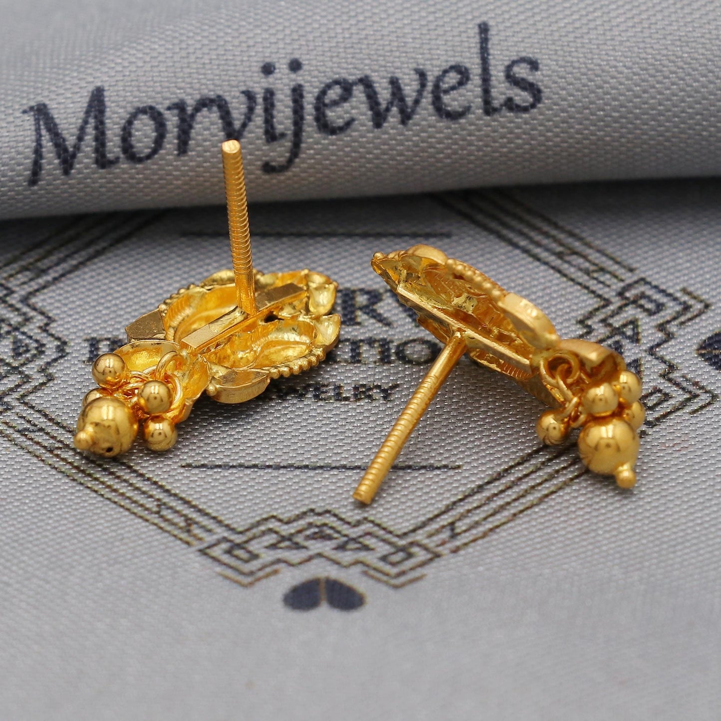 22k Yellow Gold Dangle Stud Tops Earrings Indian Jewelry with beads , Vintage Tribal Traditional handmade jewelry  Made In India, K6097
