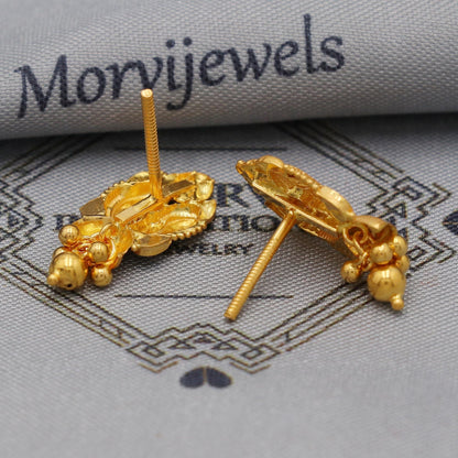 22k Yellow Gold Dangle Stud Tops Earrings Indian Jewelry with beads , Vintage Tribal Traditional handmade jewelry  Made In India, K6097