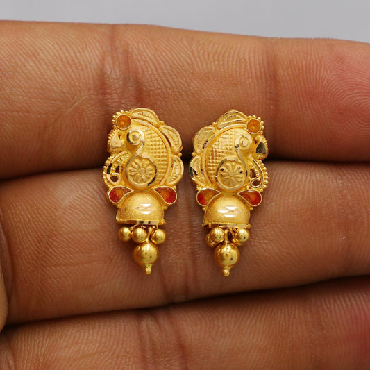 22k Yellow Gold Dangle Stud Tops Earrings Indian Jewelry with beads , Vintage Tribal Traditional handmade jewelry  Made In India, K6100